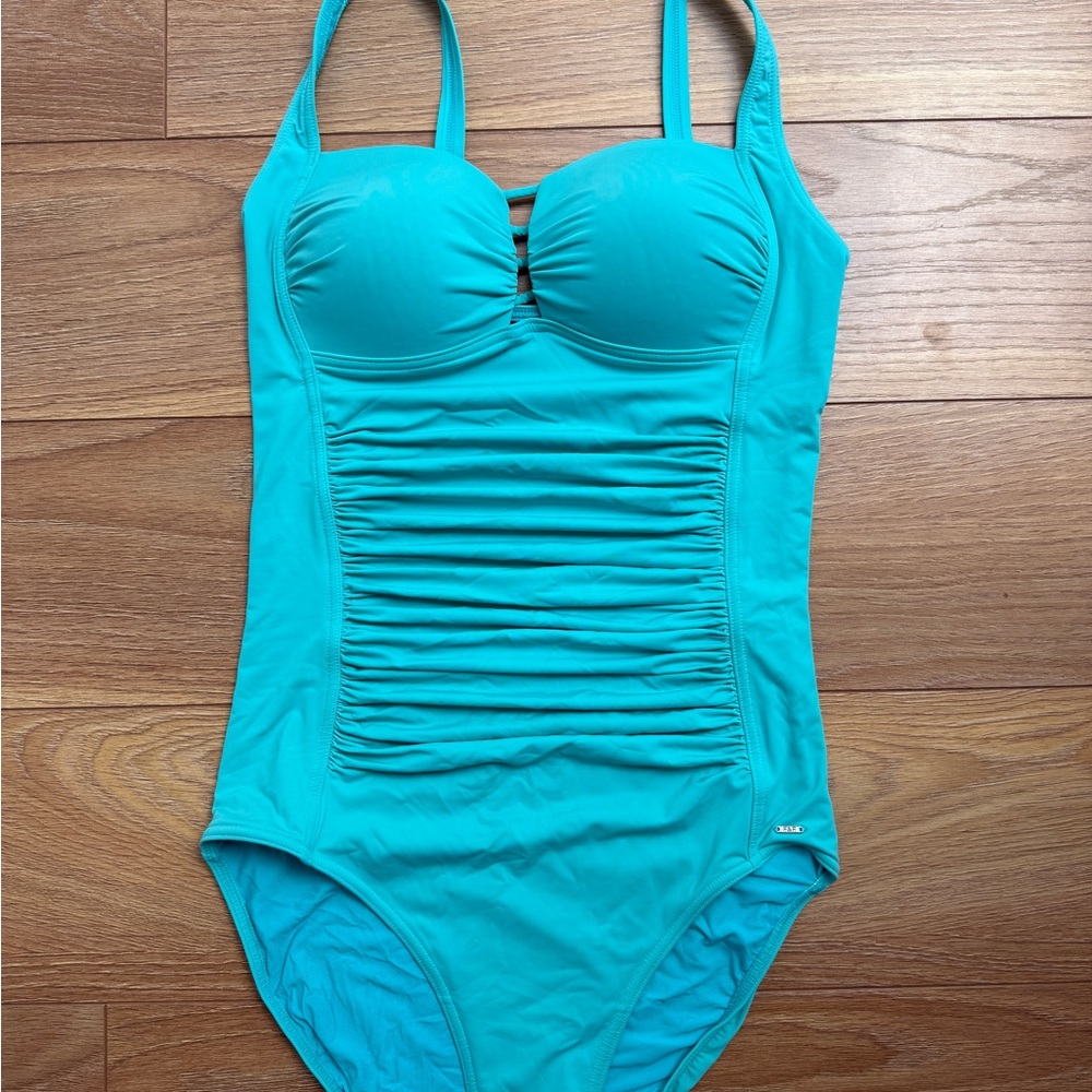 F&F Turquoise Ruched One-Piece Swimsuit - Picture 2 of 5